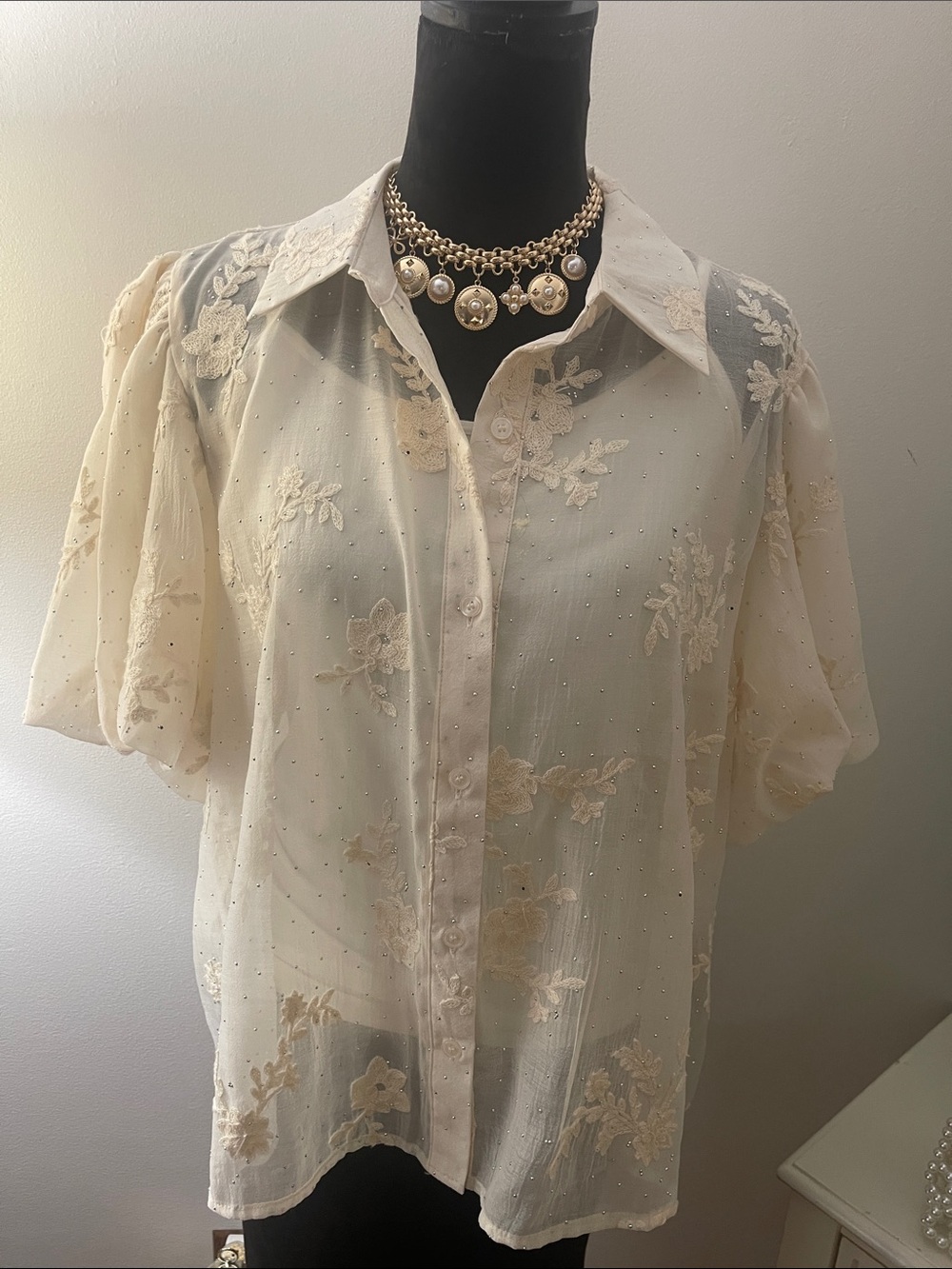 Cream Sheer Floral Embroidered Blouse
